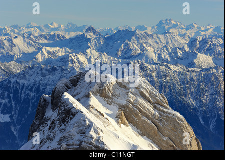 View from Mt Saentis of the 2436 m high Mt Altmann, Grisons Alps in the back, with the Bernina Mountain Group Stock Photo