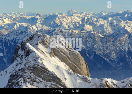 View from Mt Saentis of the 2436 m high Mt Altmann, Grisons Alps and the Bernina mountain group in the back Stock Photo