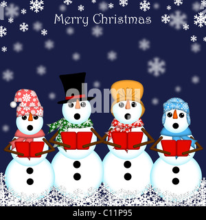 Christmas Snowman Carolers Singing Blue Background Stock Photo