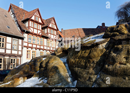 Historic half-timbered houses on the castle hill, rocks, Quedlinburg, Harz, Saxony-Anhalt, Germany Europe Stock Photo