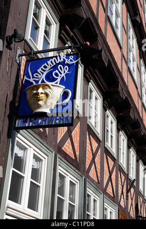 Cafè-sign made of ceramic, on a half-timbered house from the 17th century, Stieg, Quedlinburg, Harz, Saxony-Anhalt