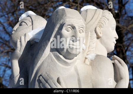 Figure of an old woman, sculpture 'Die Nornen', 'The Norns', figures on the Mythenweg Germanic myth road, Thale spa gardens Stock Photo