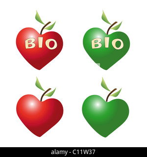 Lettering 'bio', heart-shaped apples, organic food Stock Photo