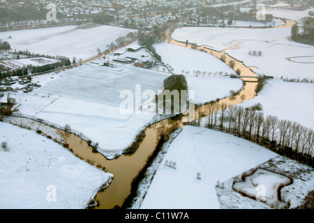 Aerial view, Lippe river, Lippe sinuosity, renaturation, snow, Werries, Hamm, Ruhrgebiet area, North Rhine-Westphalia Stock Photo