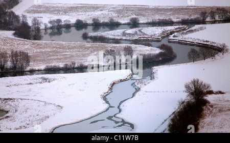 Aerial view, Lippe river, Lippe sinuosity, renaturation, snow, Werries, Hamm, Ruhrgebiet area, North Rhine-Westphalia Stock Photo