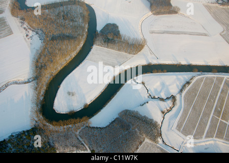 Aerial view, snow, Lippe river, Clostern, Olfen, Ruhrgebiet area, North Rhine-Westphalia, Germany, Europe Stock Photo