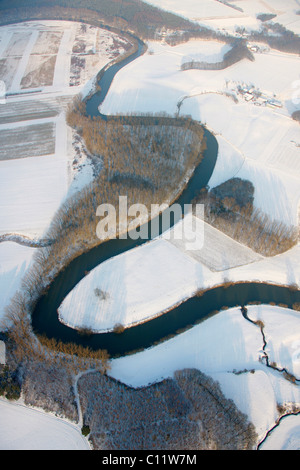 Aerial view, snow, Lippe river, Clostern, Olfen, Ruhrgebiet area, North Rhine-Westphalia, Germany, Europe Stock Photo