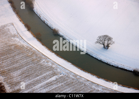 Aerial view, snow, Lippe river, Lehmhegge, Olfen, Ruhrgebiet area, North Rhine-Westphalia, Germany, Europe Stock Photo