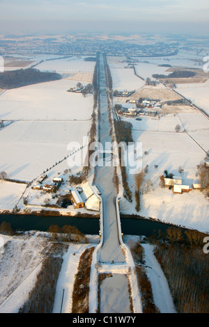 Aerial view, snow, Lippe river, Alte Fahrt, former Dortmund-Ems-Canal, Lehmhegge, Olfen, Ruhrgebiet area, North Rhine-Westphalia Stock Photo