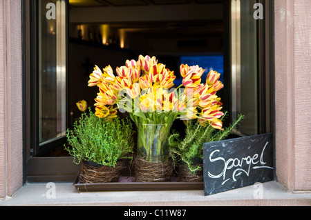 Inn window with sign "Spargel", asparagus, Freiburg, Baden-Wuerttemberg, Germany, Europe Stock Photo