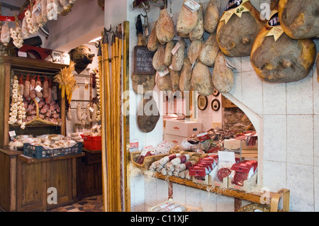 Ham in a delicatessen shop, Norcineria Falorni, Greve, Chianti, Tuscany, Italy, Europe Stock Photo