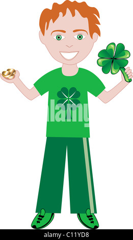 Vector of st. patricks Day boy with clover and gold. Stock Photo