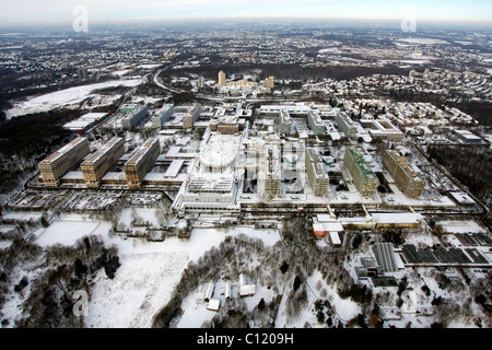 Aerial view, snow, concrete university, RUB Universitaet university, Querenburg, Bochum, Ruhrgebiet region Stock Photo