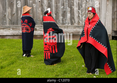 Alaska. Tlingit native performers at Chief Shakes Tribal House, Tlingit historic site, Wrangell, Southeast Alaska. Stock Photo