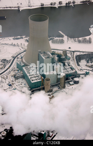 Aerial photo, cooling tower, construction site, Walsum Steal EVONIK STEAG coal power station, Snow, Duisburg, Rhein Stock Photo