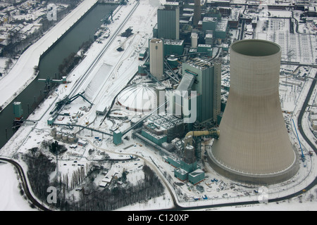 Aerial photo, cooling towers, construction site, Walsum Steal EVONIK STEAG coal power station, Snow, Duisburg, Rhein Stock Photo