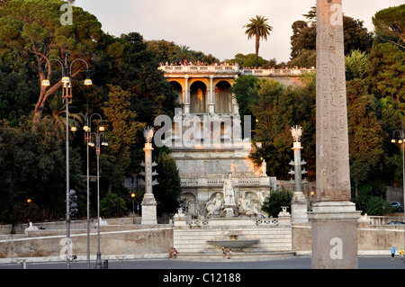 Pincio Terrace, group of statues, goddess Roma between Tiber and Aniene, obelisk, Piazza del Popolo, Rome, Lazio, Italy, Europe Stock Photo