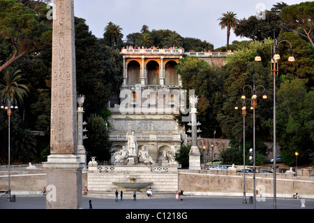 Obelisk, Pincio Terrace, group of statues, goddess Roma between Tiber and Aniene, Piazza del Popolo, Rome, Lazio, Italy, Europe Stock Photo