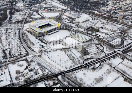 Aerial view, Westfalenhalle venue, Goldsaal venue, SignalIduna Stadion stadium, Stadion Rote Erde stadium, B54 highway, snow Stock Photo
