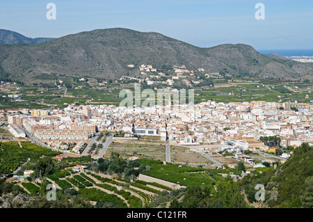 Pego town, valley, mountains, overview, Marina Alta area, Costa Blanca, Alicante province, Spain, Europe Stock Photo