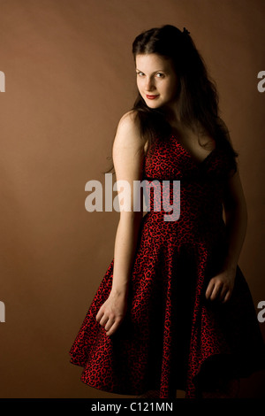 Woman, young, dark-haired, dress, red Stock Photo