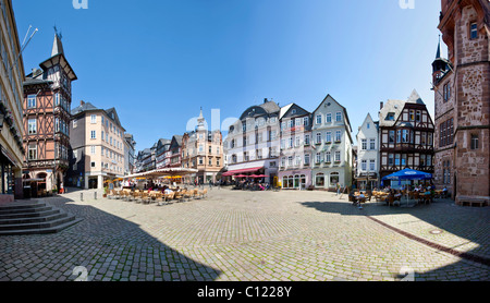 Marketplace with restaurants, town hall on the right, old town of Marburg, Hesse, Germany, Europe Stock Photo