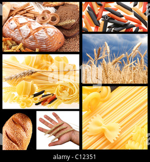 Collage of images of bread and wheat ears. Stock Photo