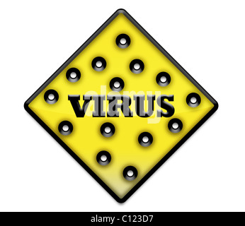 Yellow virus sign with holes - security breach Stock Photo