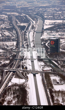 Aerial view, A42 highway, Emscher Gasometer, Rhein-Herne Canal, Oberhausen, Ruhrgebiet region, North Rhine-Westphalia Stock Photo