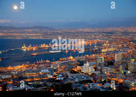 View of the city and the harbor, Signal Hill, dusk, Cape Town, South Africa, Africa Stock Photo