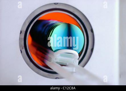 Close up of silicon wafer used to produce computer micro chips.  Wafers are baked in a high temperature oven Stock Photo