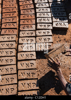 Indian men making house bricks by hand using a mould and wet clay / mud. Drying them in the sun before firing them hard. Andhra Pradesh, India Stock Photo