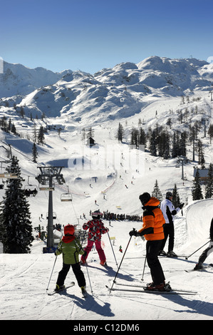 Skiers at the Vogel Ski Centre in the Triglav National Park of Slovenia Stock Photo