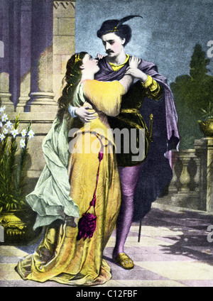 Here, the star-crossed lovers Romeo and Juliet in Shakespeare's play by the same name meet on the balcony. Stock Photo