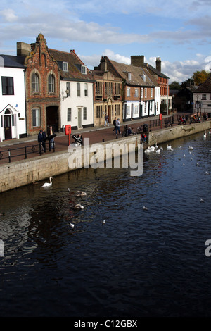 View along River Great Ouse and The Quay from Chapel Bridge, St Ives, Cambridgeshire, England, UK Stock Photo