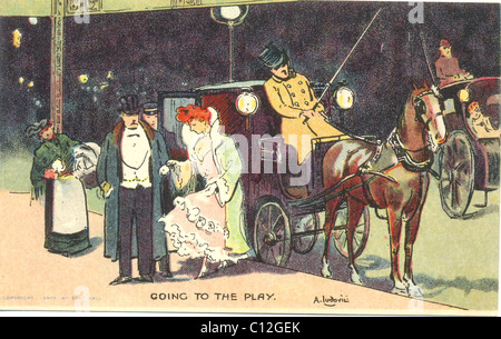 postcard published by Davidson Bros. by artist Ludovici titled 'Going to the Play' Stock Photo