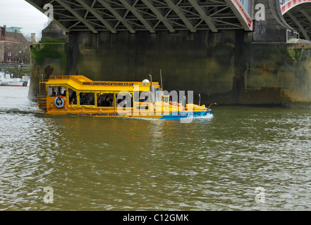 Duck Tours Amphibious boat going under Lambeth Bridge, London. Stock Photo