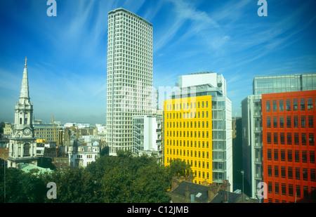 St Giles in the Fields church, Centre Point, BT Tower and brightly coloured Central St Giles buildings by Renzo Piano, London Stock Photo