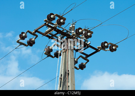 Electric pillar against blue sky Stock Photo