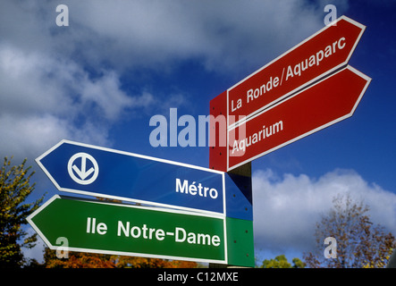 directional sign, directional signs, La Ronde, Aquaparc, Aquarium, metro, Ile Notre-Dame, Ile Sainte-Helene, Montreal, Quebec Province, Canada Stock Photo
