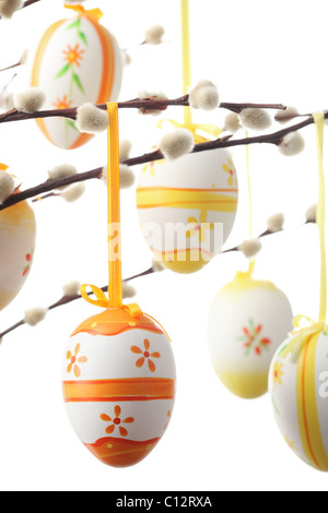 Colored Easter Eggs hanging with ribbon on branch of silver-bud willow, isolated on white. Stock Photo