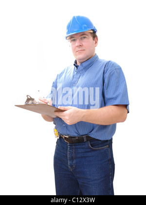 Construction site manager wearing blue helmet making notes on notepad over white Stock Photo