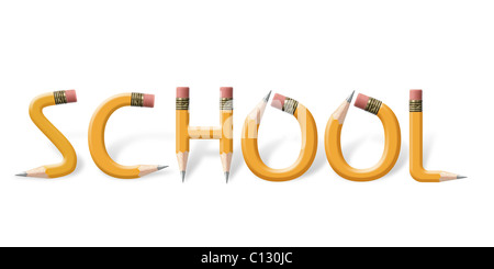 Bent yellow wooden pencils spelling School word over white background Stock Photo
