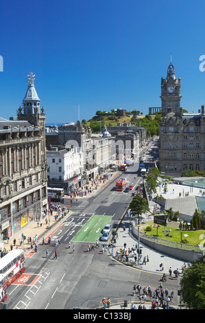 Princes Street, Edinburgh, Scotland. View from the Scott Monument along Princes Street to the Balmoral Hotel and Calton Hill. Stock Photo