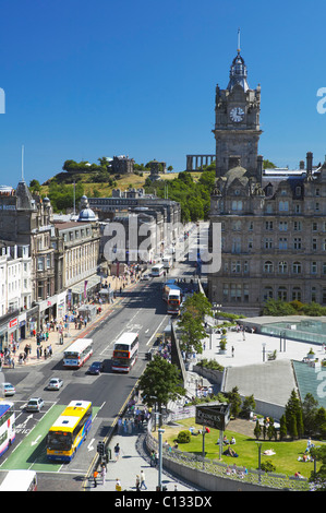 Princes Street, Edinburgh, Scotland. View from the Scott Monument along Princes Street to the Balmoral Hotel and Calton Hill. Stock Photo