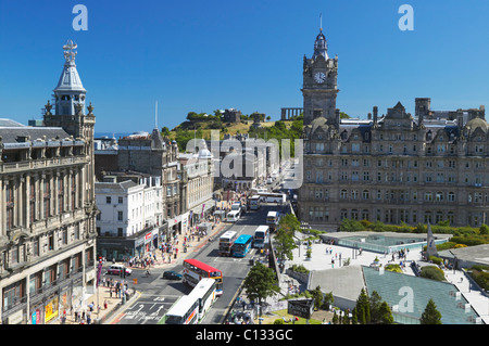 Princes Street, Edinburgh, Scotland. View from the Scott Monument along Princes Street to the Balmoral Hotel and Calton Hill. Stock Photo