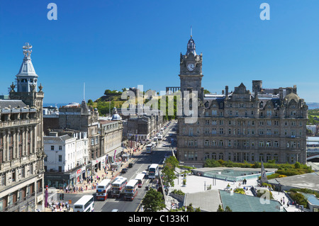 Princes Street, Edinburgh, Scotland. View from the Scott Monument along Princes Street to the Balmoral Hotel and Calton Hill. Stock Photo