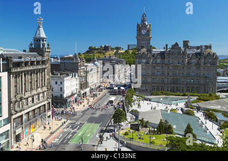 Princes Street, Edinburgh, Scotland. View from the Scott Monument along Princes Street to the Balmoral Hotel and Calton Hill. Stock Photo