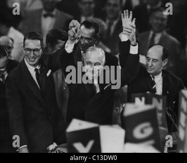Harry Truman. From left: US Senator and Democratic Vice Presidential candidate Estes Kefauver, former US President Harry Truman, Democratic Party presidential nominee Adlai Stevenson at the Democratic National Convention in Chicago, Illinois, August, 1956. Stock Photo