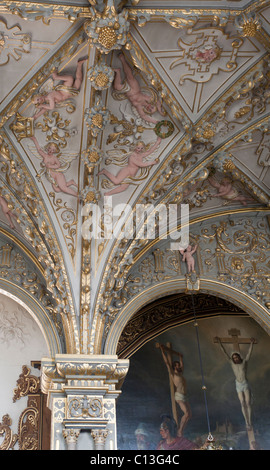 Detail of Chapel Ceiling at Frederiksborg Slot. Pink cherubs adorn the gilded ceiling in the Chapel. Stock Photo